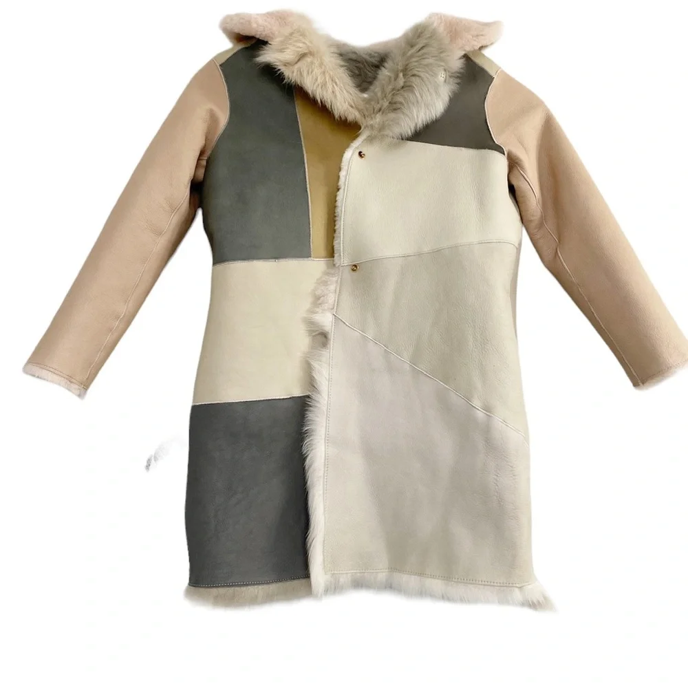 Bonpoint Girl’s Davos Coat Size 10Y Fur and Leather Pastel Patchwork NWT - Picture 4 of 6